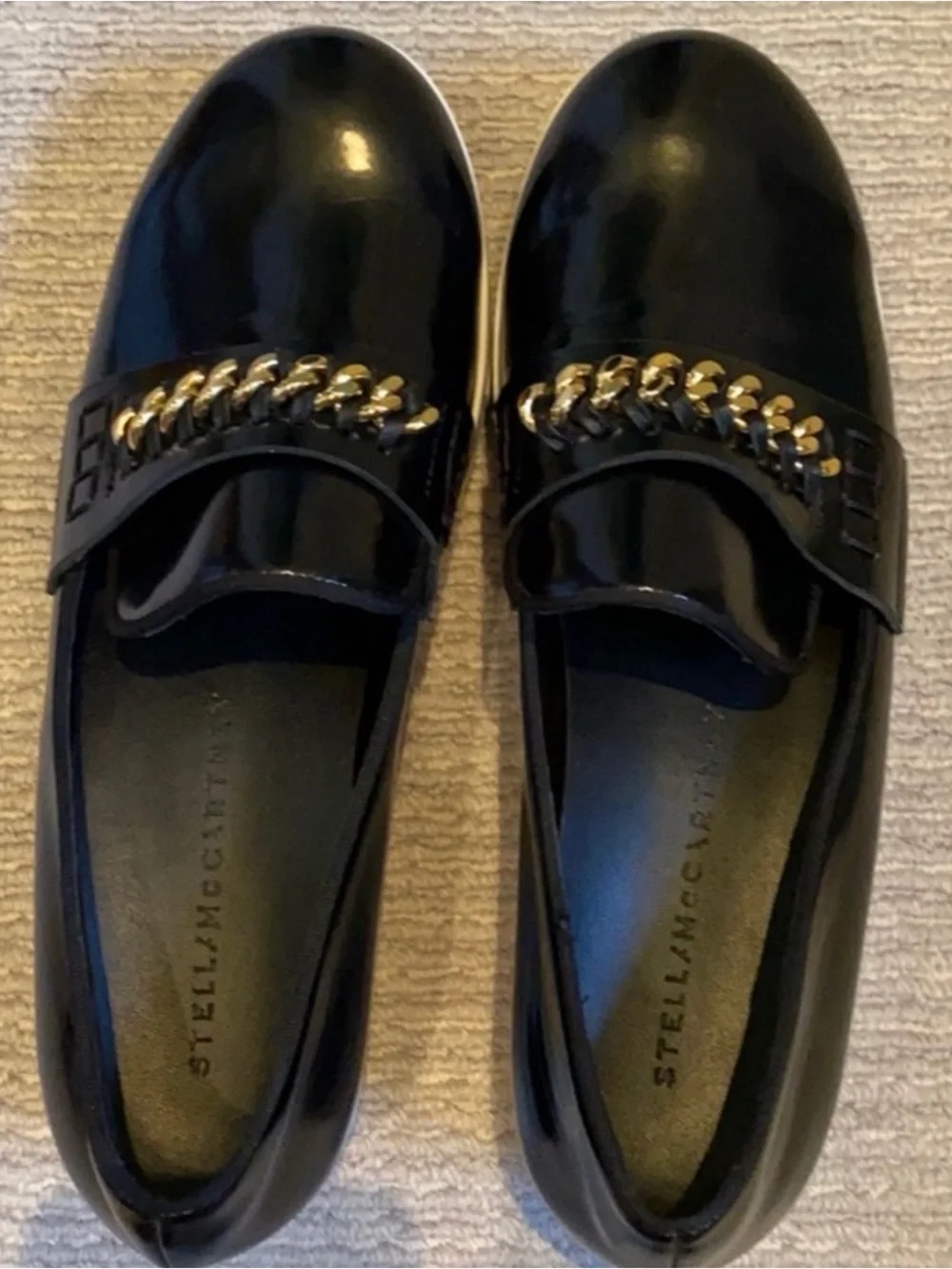 Stella McCartney Black Patent Platform Loafers with Gold Chain